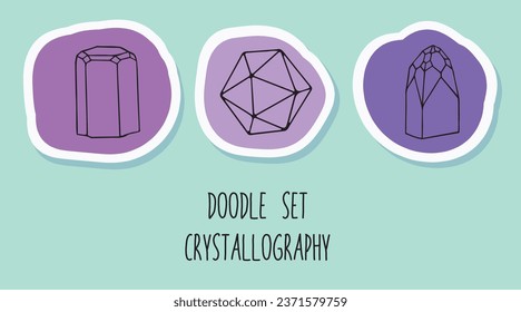 Doodle set cristalografía estilo linart aislados iconos sobre fondo azul.  Obra de arte dibujada a mano para el hermoso diseño de logotipo, tatuaje, etiqueta, libro, emblema, icono, tarjetas de felicitación, diseño de bodas. Vector