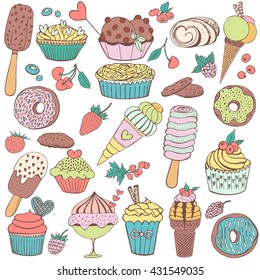 Doodle set with cupcakes, berries, ice cream and donuts. Hand drawn vector illustration. Sweet and cold dessert menu.