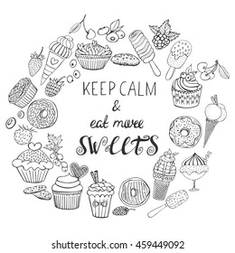 Doodle set with cupcakes, berries, ice cream and donuts.  Hand drawn vector illustration. Sweet and cold dessert menu, doodle elements.