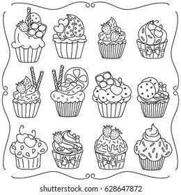 Doodle set of cupcakes. Hand drawn food icons isolated on white background. Sweets doodle set. Hand Drawn elements for cafe and restaurant menu design collection.