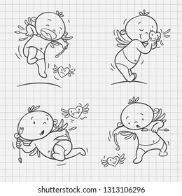 doodle set cupid cartoon vector, line art drawing