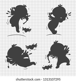 doodle set cupid cartoon vector, silhouette drawing on paper background