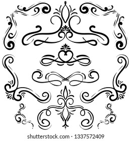 Doodle set of curls border text dividers. Hand drawn abstract text dividers, wedding decor design elements. Hand-drawn with ink and brush vector illustration 