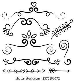 Doodle set of curls border text dividers. Hand drawn abstract text dividers, wedding decor design elements. Hand-drawn with ink and brush vector illustration
