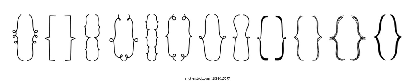 Doodle set of curly braces for text. Hand-drawn brackets in various shapes. Vector doodle illustration of rounded and double parentheses isolated on white.