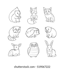 Doodle set of cute animals with squirrel, fox, lynx, raccoon, hedgehog, bear, deer, owl and rabbit. Cute forest animal set,doodle sketch collection