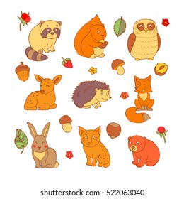 Doodle set of cute animals with squirrel, fox, lynx, raccoon, hedgehog, bear, deer, owl and rabbit. Cute forest animal set, doodle sketch collection with leaves, strawberries, mushrooms and walnuts