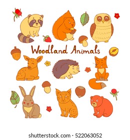 Doodle set of cute animals with squirrel, fox, lynx, raccoon, hedgehog, bear, deer, owl and rabbit. Cute forest animal set, doodle sketch collection with leaves, strawberries, mushrooms and walnuts