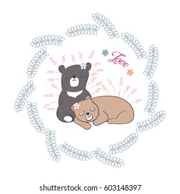 doodle set of cute bears in floral frames hand drawing vector illustration for kid t-shirt print, greeting and invitation card