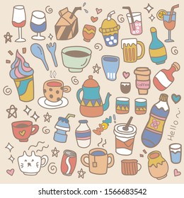 Doodle set of cute beverages cartoon style