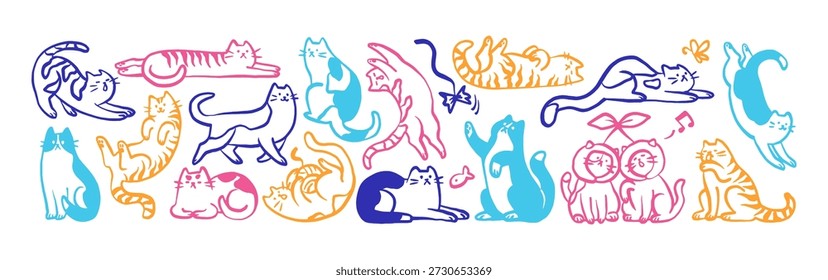 Doodle conjunto de lindos gatos en diferentes poses cómicas. Los gatitos divertidos juegan, se sientan, duermen, se estiran y maúllan. Los animales traviesos se divierten. Gatitos coloridos. Ilustraciones vectoriales de contorno aisladas planas en blanco