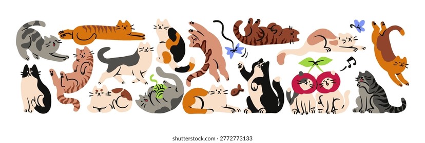Doodle set of cute cats in different poses. Happy kitties play with yarn ball, have fun with toys. Naughty pets is lying and stretching. Domestic animals. Flat isolated vector illustrations on white
