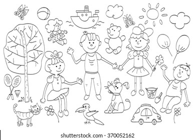 Doodle set of cute child's life including pets, toys, plants, things for sport and celestial elements. Vector illustration.