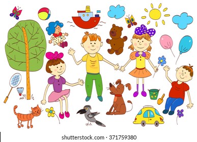 Doodle set of cute child's life including pets, toys, plants, things for sport and celestial elements. Vector illustration.