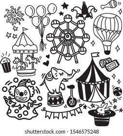Doodle set of cute circus hand drawn cartoon style