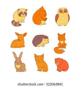 Doodle set of cute colored animals with squirrel, fox, lynx, raccoon, hedgehog, bear, deer, owl and rabbit. Cute forest animal set,doodle sketch collection