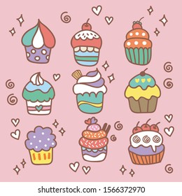 Doodle set of cute cupcakes cartoon style-edited color