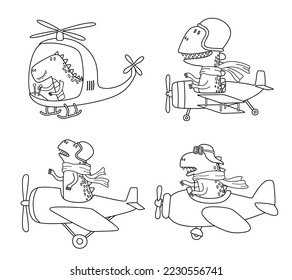 Doodle set of Cute dinosaurs flying in airplane