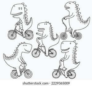 Doodle set of cute dinosaurs riding bicycle.