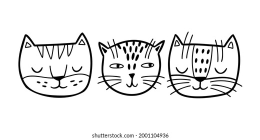 doodle set of cute faces of cats. hand drawn cats isolated on white background. vector illustration