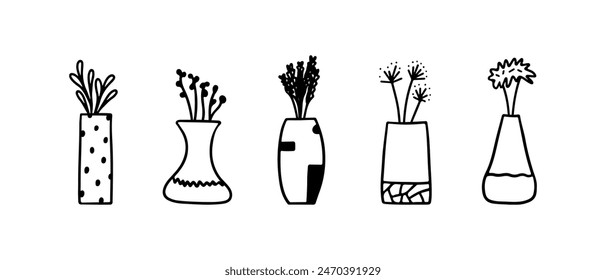 Doodle set of cute flowers in vases and pots isolated on white background. Hand drawn bouquet drawing. Vector illustration. Perfect for cards, decorations, logo.