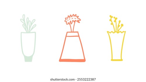 Doodle set of cute flowers in vases and pots isolated on white background. Hand drawn bouquet drawing. Vector illustration. Perfect for cards, decorations, logo.