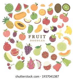 Conjunto de doodles de frutas lindas, sandía, naranja, fresa, kiwi, piña, manzana, lichi, papaya, mango, mangostén, plátano, melocotón, morera, melón, granada, uva, fruta de dragón y durión 