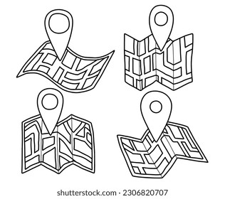 Doodle set of cute gps map . Doodle gps map icon. Hand drawn gps map   icon.