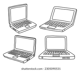 Doodle set of cute laptop. Doodle computer icon. Hand drawn computer icon.