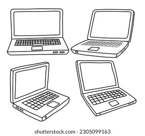 Juego de dibujos animados de una linda laptop. Icono de la computadora Doodle. Icono de la computadora dibujada a mano.