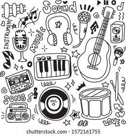 Doodle set of cute music instruments hand drawn