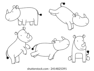 Doodle set of cute rhino line sketch. Outline vector illustration.