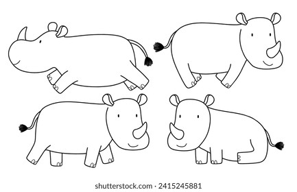 Doodle set of cute rhino line sketch. Outline vector illustration.