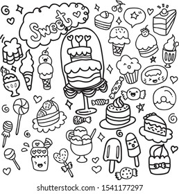 Doodle set of cute sweets hand drawn cartoon style