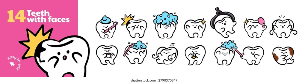Doodle set of cute teeth. Funny tooth is clean and dirty, brushing with toothbrush. Happy character of dental health and oral hygiene. Dentistry mascot. Flat isolated vector illustrations on white