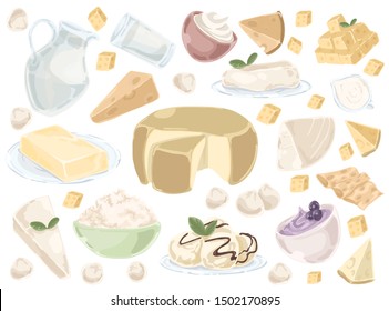 Doodle set of dairy products on a white background. Vector illustration design.