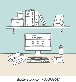 Doodle set / desk, computer, shelf, books. Vector illustration