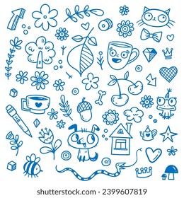 Doodle set with different animals and objects. Vector contour cute funny stickers.