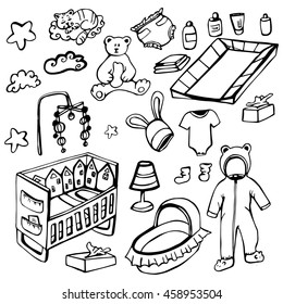 Doodle set of different baby products. bed, clothing, toys, cosmetics. black and white drawings