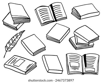 Doodle set of different black books in a linear style. A hand-drawn drawing of different variations of books.