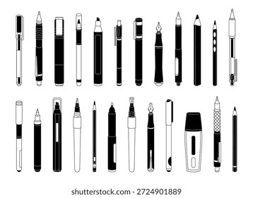 Doodle set of different drawing and writing instruments. Various stationery- pen, pencil, liner, crayon. Painting tools, office and school supplies. Flat isolated outline vector illustrations on white