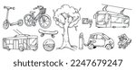 Doodle set of different eco transport. Electric car, scooter, bicycle, skateboard, roller skates, monowheel, public bus and tram hand drawn vector Illustration. Ecological urban transportation.