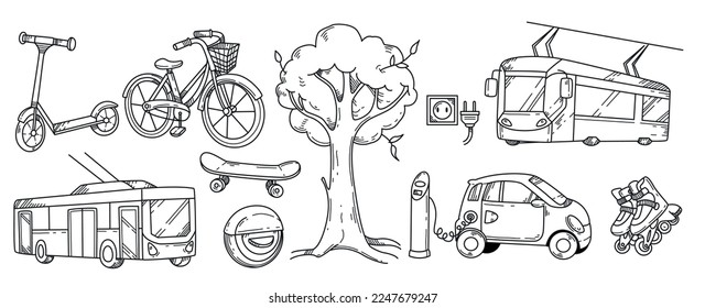 Doodle set of different eco transport. Electric car, scooter, bicycle, skateboard, roller skates, monowheel, public bus and tram hand drawn vector Illustration. Ecological urban transportation.