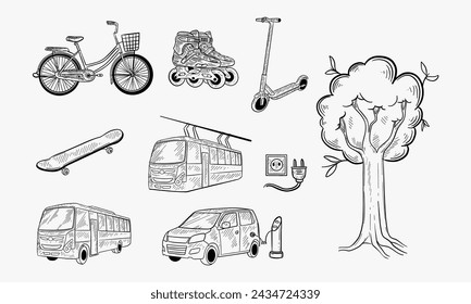 Doodle set of different eco transport. Electric car, scooter, bicycle, skateboard, roller skates, monowheel, public bus and tram hand drawn vector Illustration. Ecological urban transportation.