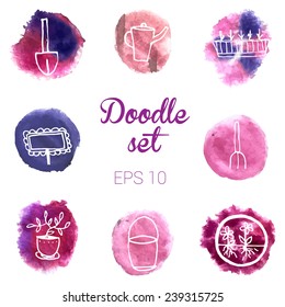 Doodle set with different flowers on watercolor splashes