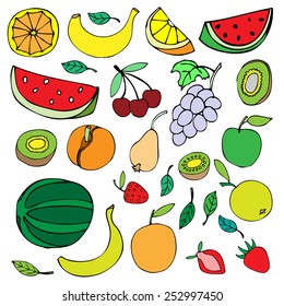Doodle set of different fruits isolated on white background