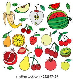 Doodle set of different fruits isolated on white background