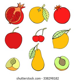 Doodle set of different fruits isolated on white background