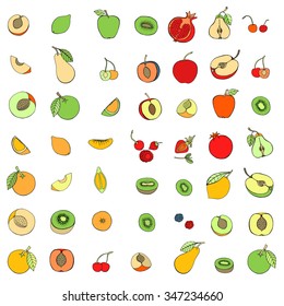Doodle set of different fruits isolated on white background