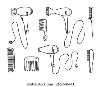 Doodle set of different hairdressing supplies. Vector kinds of quipment for beauty salon. Hairdressing equipment and accessories.